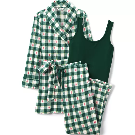 Women's Waffle 3 Piece Pajama Set - Tank Pants and Cardigan Robe - primary