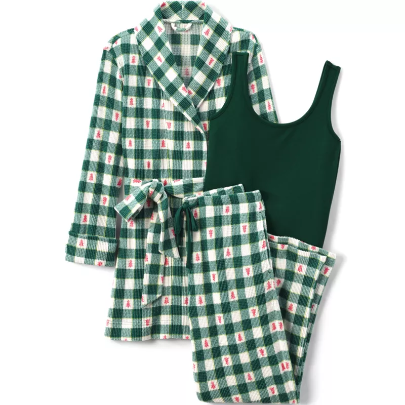 Women's Plus Size Waffle 3 Piece Pajama Set - Tank Pants and Cardigan Robe, Front