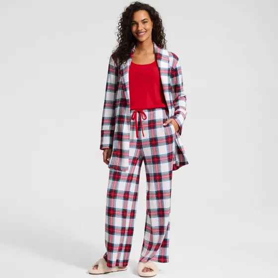 Women's Waffle 3 Piece Pajama Set - Tank Pants and Cardigan Robe - primary