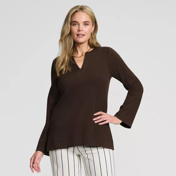 Women's Long Sleeve Polished Essentials Notch Neck Tunic Top - primary