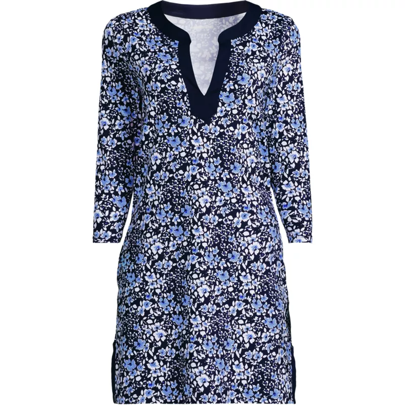 Women's SunShade UPF50 Quickdry 3/4 Sleeve Notched Collar Swim Coverup, Front