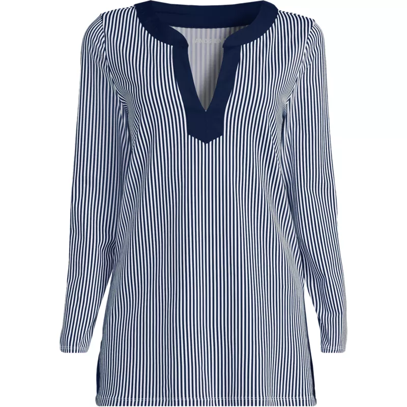 Womens SunShade UPF50 Quickdry Long Sleeve Notched Collar Tunic Swim Cover-up, Front