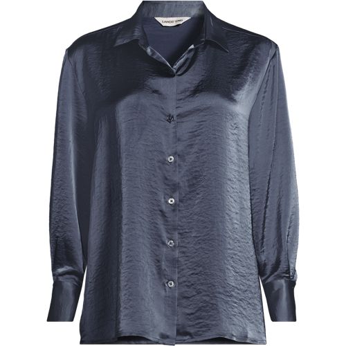 Long Sleeve Satin Blouse, Women, size: 22, plus, Blue, Polyester, by Lands' End