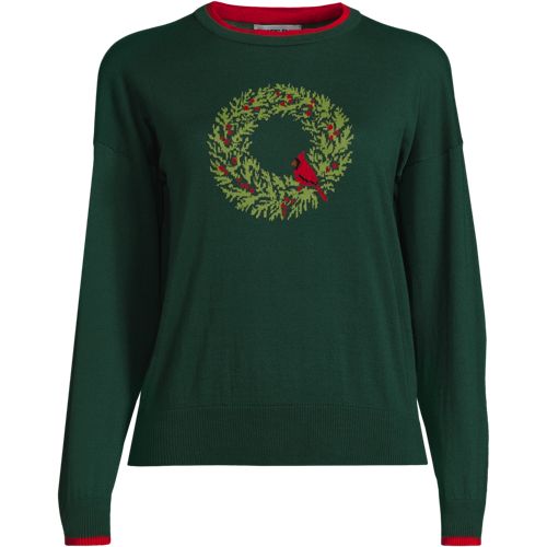 Fine-Knit Cotton Jacquard Jumper, Women, size: XS, regular, Green, Rayon-blend/Poly-blend, by Lands' End