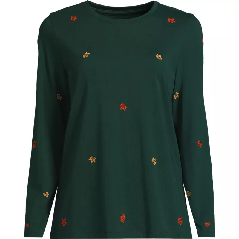 Women's Supima Cotton Long Sleeve Embroidered Crew Neck T-Shirt, Front