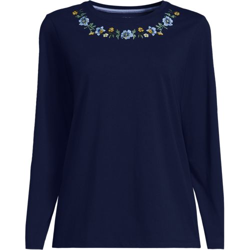 Long Sleeve Embroidered Crew Neck Supima T-Shirt, Women, size: 3X, plus, Blue, Cotton, by Lands' End