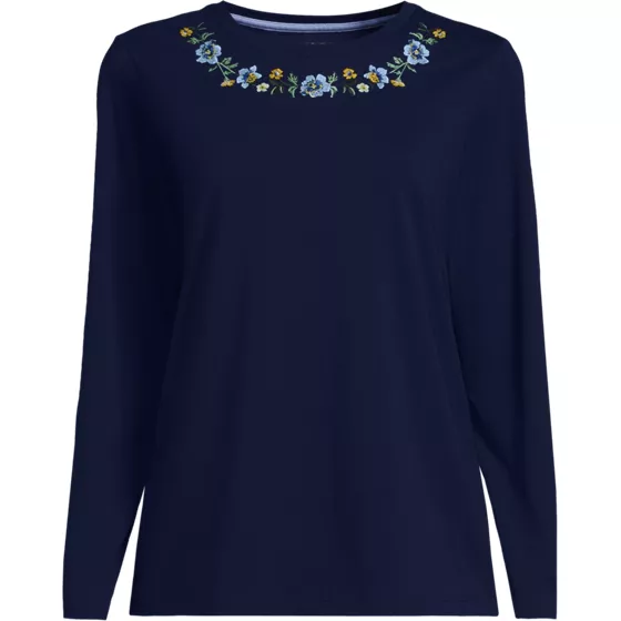 Women's Supima Cotton Long Sleeve Embroidered Crew Neck T-Shirt - primary
