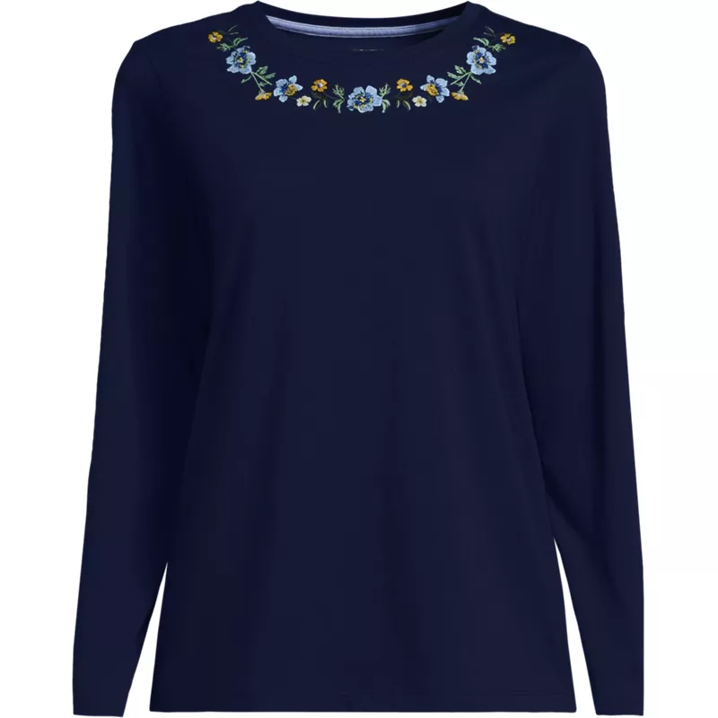 Women's Plus Size Supima Cotton Long Sleeve Embroidered Crew Neck T-Shirt, Front