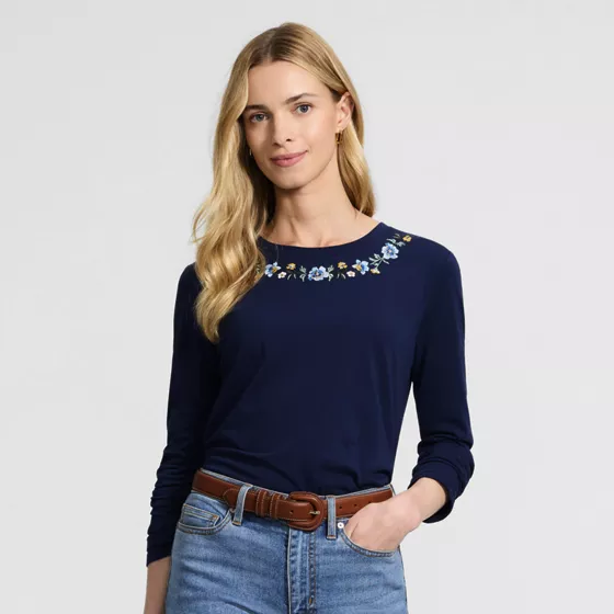 Women's Supima Cotton Long Sleeve Embroidered Crew Neck T-Shirt - primary