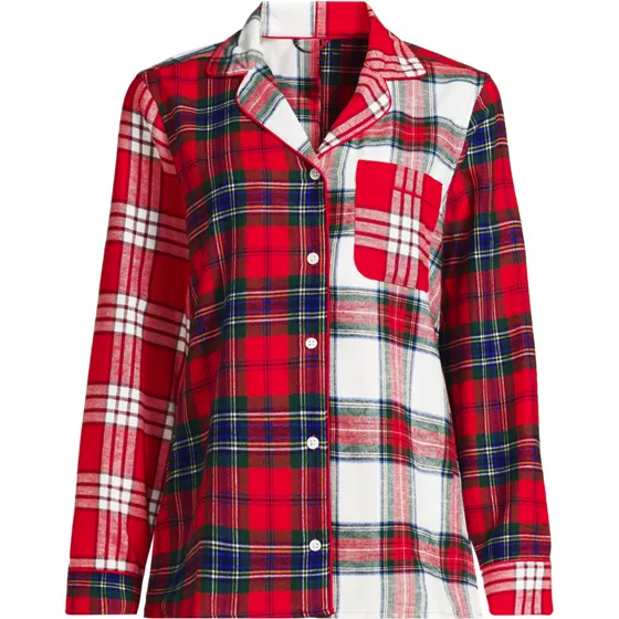 Women's Plus Size Long Sleeve Flannel Patchwork Pajama Top - primary