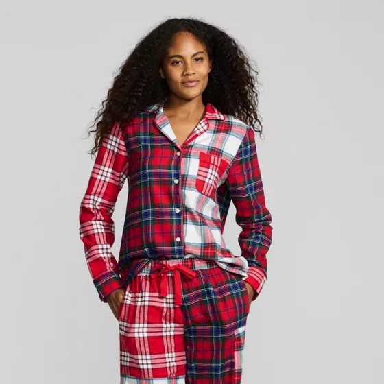 Women's Long Sleeve Flannel Patchwork Pajama Top - primary