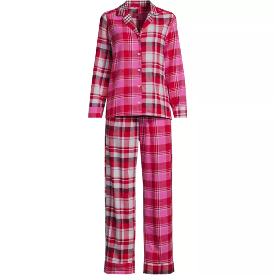 Women's Plus Size Flannel Patchwork 2 Piece Pajama Set - Long Sleeve Shirt and Pants - primary