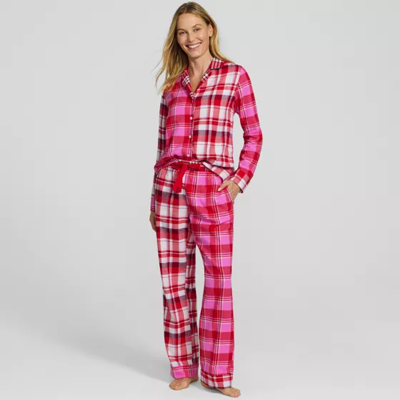 Women's Flannel Patchwork 2 Piece Pajama Set - Long Sleeve Shirt and Pants - primary