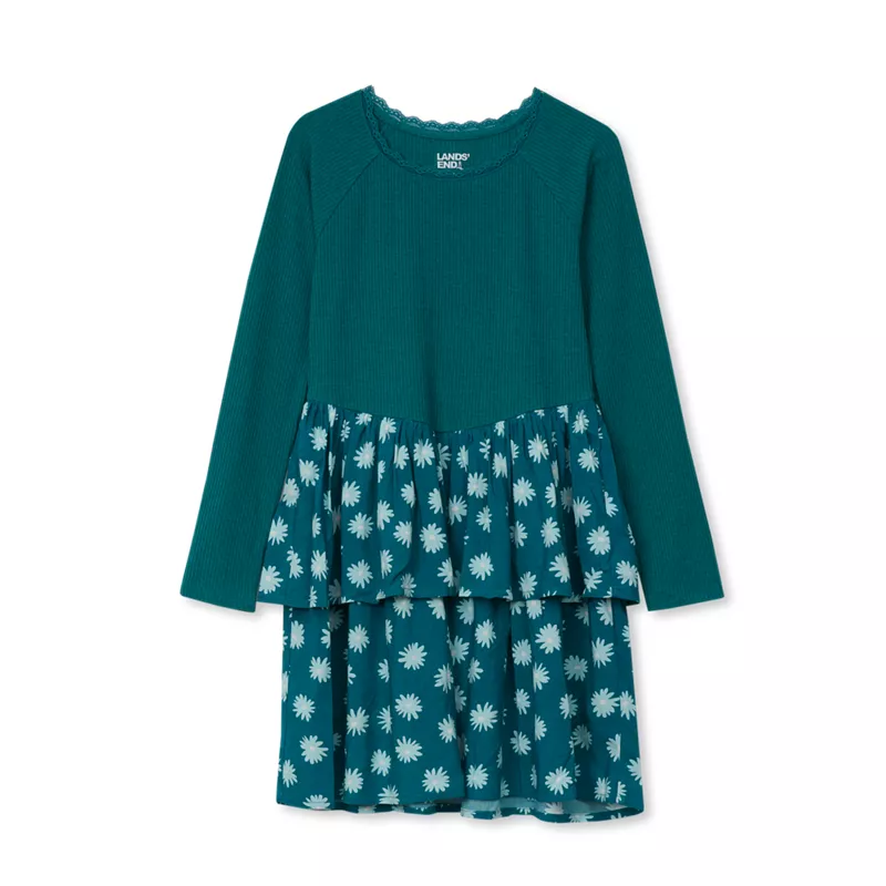 Girls Long Sleeve Ribbed Tiered Dress, alternative image