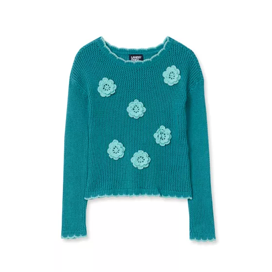 Girls Long Sleeve Crochet Rosette Sweater - primary