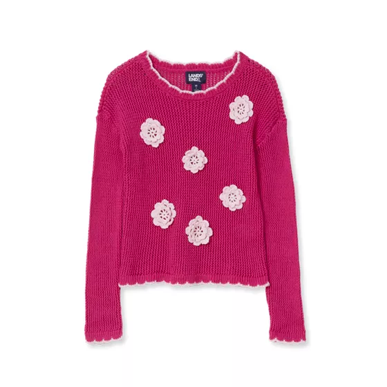 Girls Long Sleeve Crochet Rosette Sweater - primary