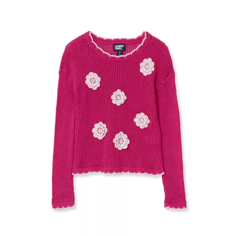 Girls Long Sleeve Crochet Rosette Sweater, alternative image