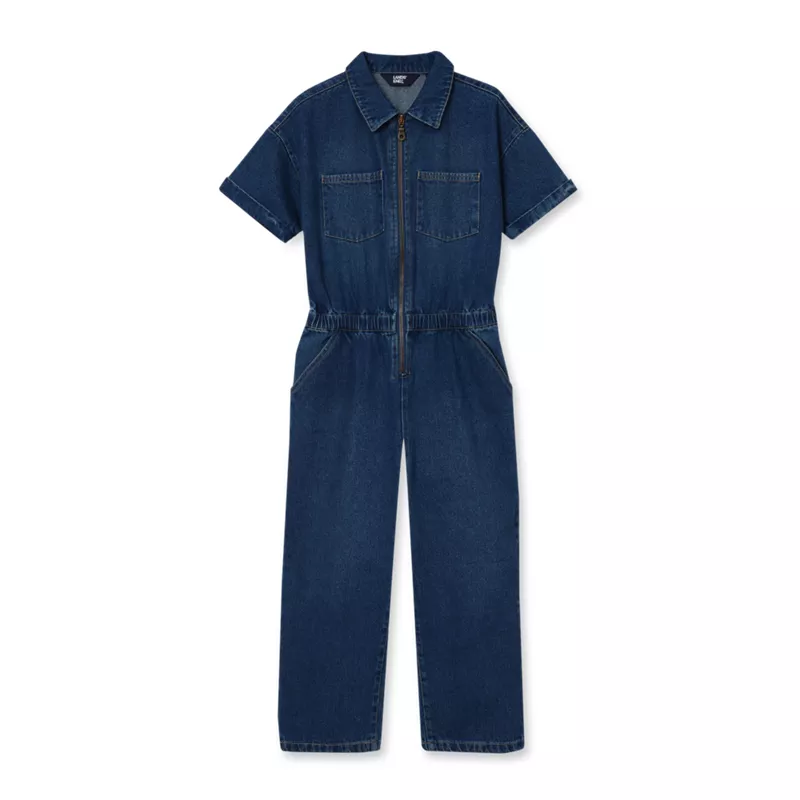 Girls Short Sleeve Denim Jumpsuit, alternative image
