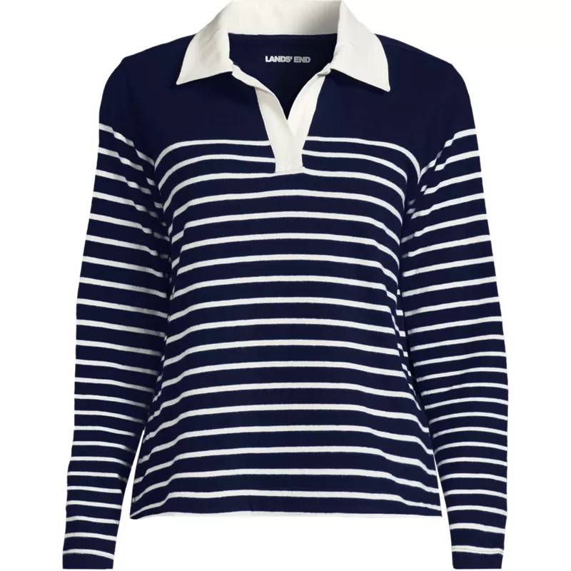 Women's Plus Size Long Sleeve Boxy Mariner Rugby Polo, Front