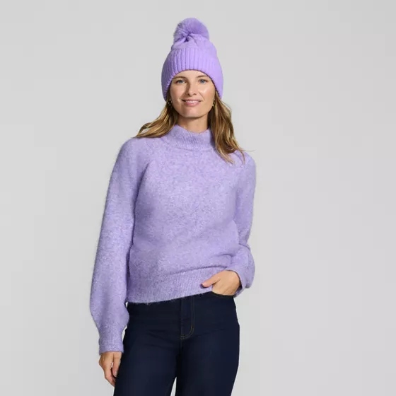 Women's Fuzzy Lurex Turtleneck Lantern Sleeve Sweater - primary