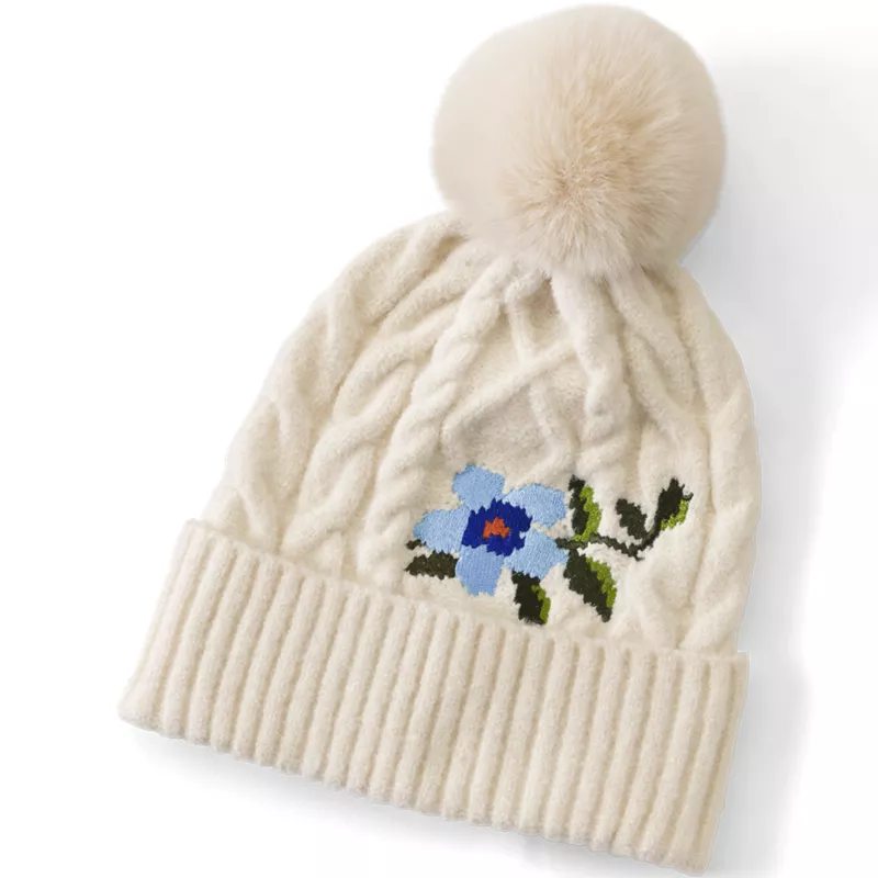 Women's CashTouch Embroidered Cable Knit Beanie Hat, Front