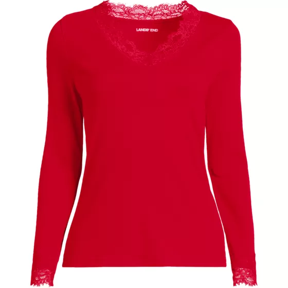 Women's Plus Size Long Sleeve Micro Rib Lace Trim Layering Tee - primary