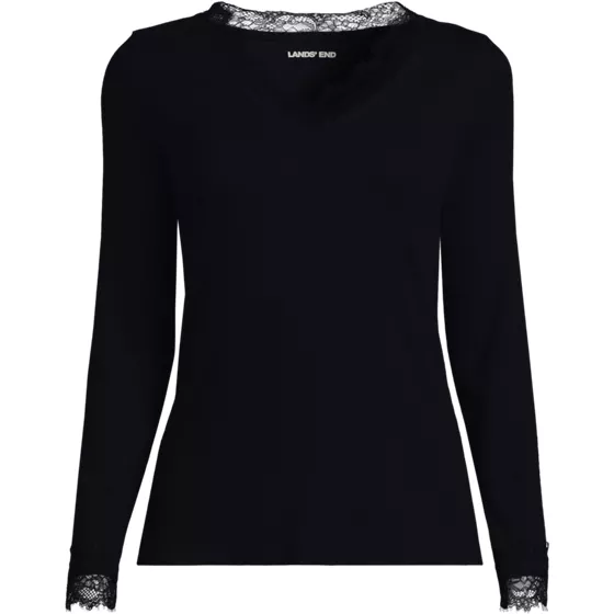 Women's Long Sleeve Micro Rib Lace Trim Layering Tee - primary