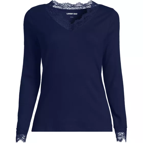 Women's Petite Long Sleeve Micro Rib Lace Trim Layering Tee - primary