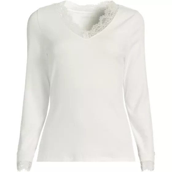 Women's Plus Size Long Sleeve Micro Rib Lace Trim Layering Tee - primary