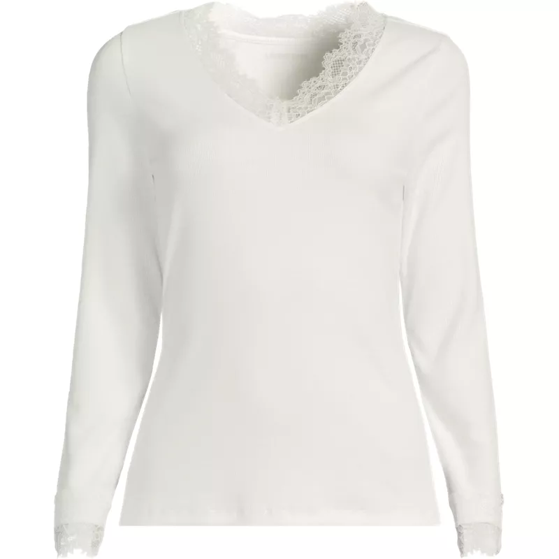 Women's Plus Size Long Sleeve Micro Rib Lace Trim Layering Tee, Front