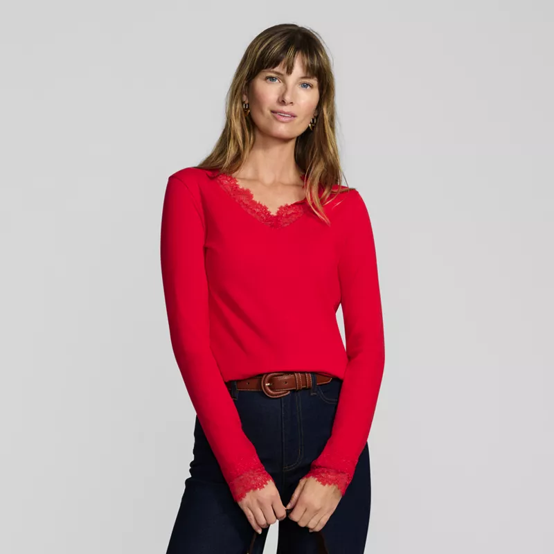 Women's Petite Long Sleeve Micro Rib Lace Trim Layering Tee, alternative image