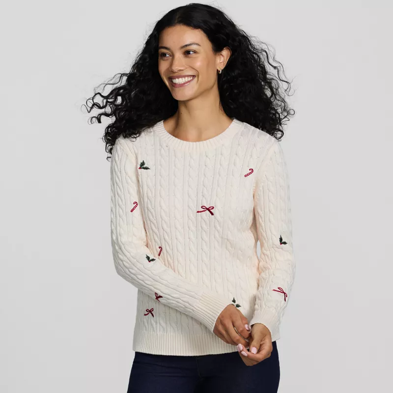 Women's Drifter Embroidered Cable Crew Neck Sweater, alternative image