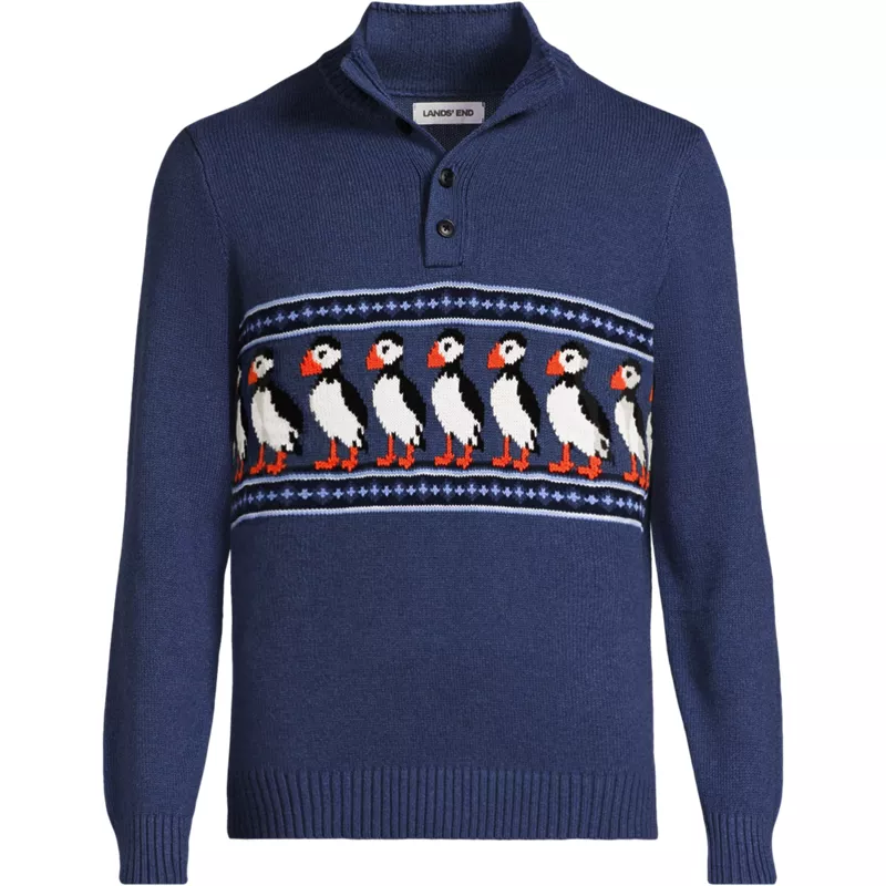 Men's Long Sleeve Drifter Puffin Button Mock Sweater, Front