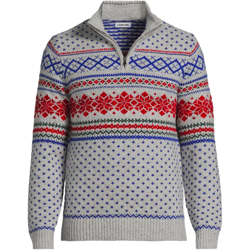 Men's Long Sleeve Cotton Wool Fair Isle Quarter Zip Sweater, Front