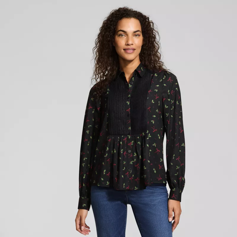 Women's Lace Bib Button Front Blouse, alternative image
