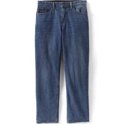 Stretch Comfort Waist Straight Fit Flannel Lined Jeans, Men, size: 33 32, regular, Blue, Spandex/Cotton-blend, by Lands' End