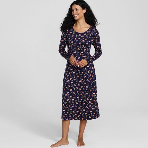 Long Sleeve Supima Cotton Nightdress, Women, size: S, petite, Blue, Cotton, by Lands' End