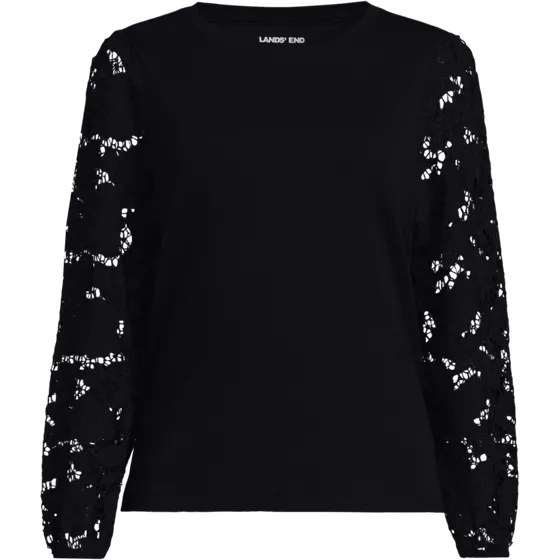 Women's Long Sleeve Cotton Lace Sleeve Crew Tee - primary
