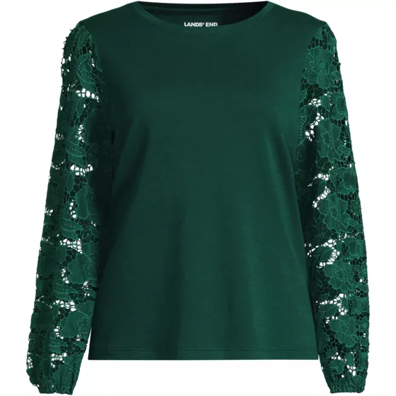 Women's Petite Long Sleeve Cotton Lace Sleeve Crew Tee - primary