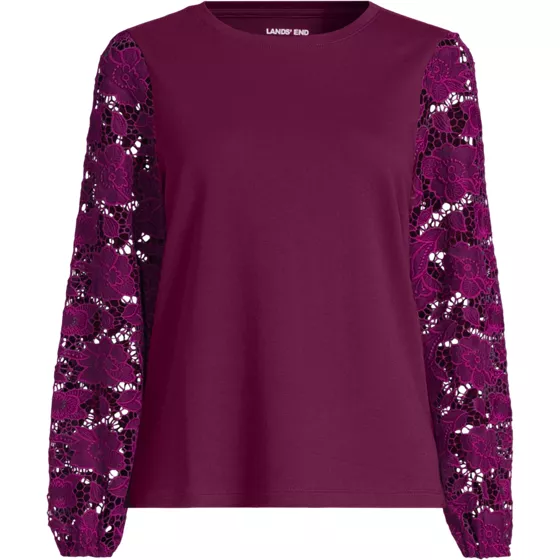 Women's Plus Size Long Sleeve Cotton Lace Sleeve Crew Tee - primary