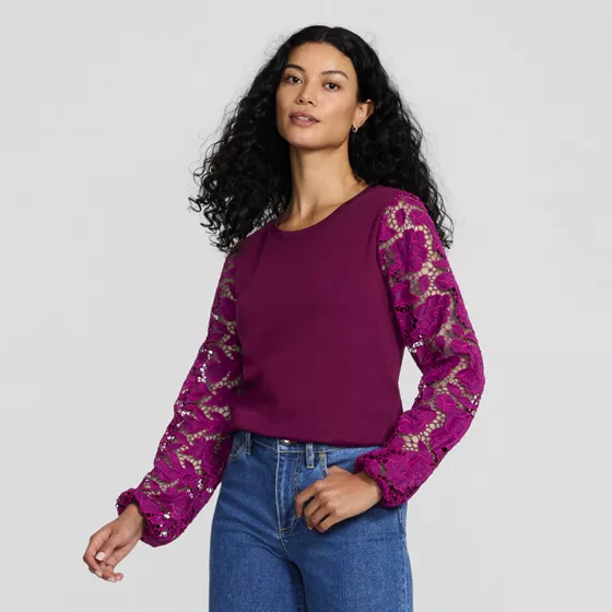 Women's Long Sleeve Cotton Lace Sleeve Crew Tee - primary