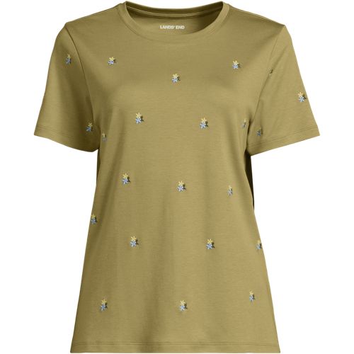 Supima Interlock Cotton Embroidered T-Shirt, Women, size: 2XL, plus, Green, Cotton, by Lands' End