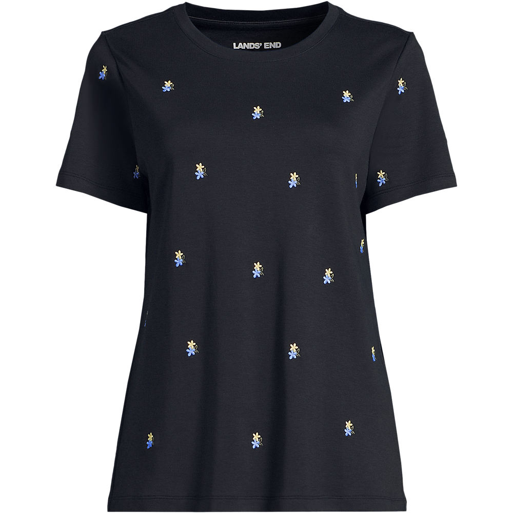 Supima Interlock Cotton Embroidered T-Shirt, Women, size: 1XL, plus, Black, Cotton, by Lands' End