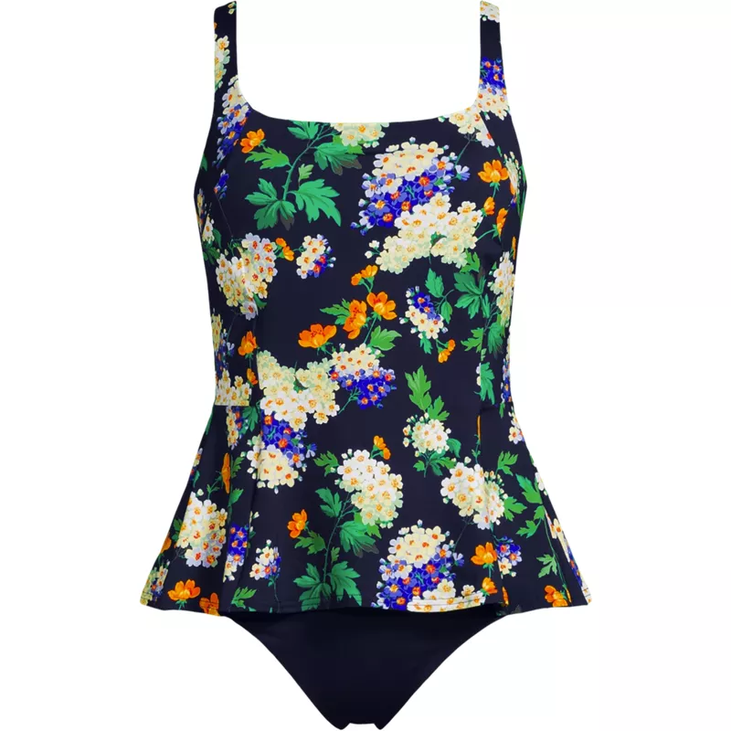 Women's Plus Size Full Coverage Underwire Square Neck Peplum One Piece Swimsuit, Front