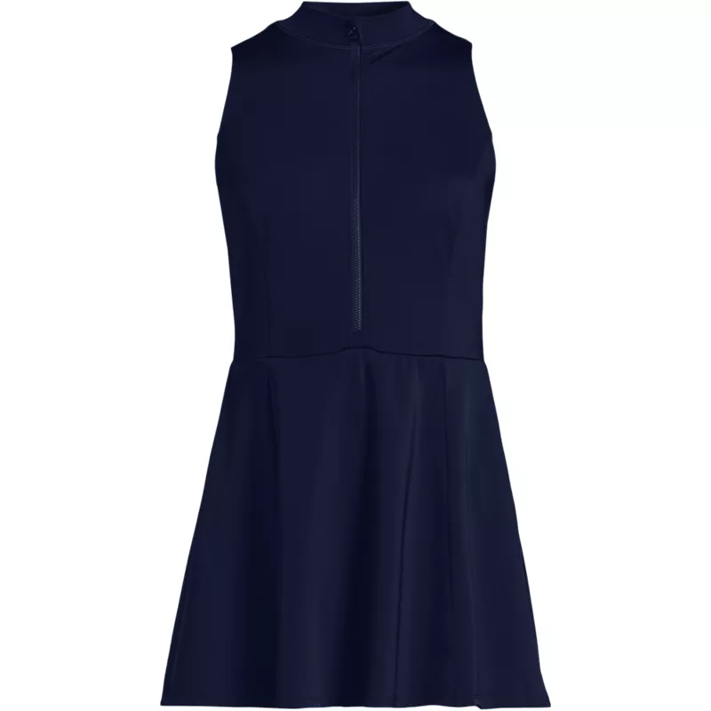 Women's Plus Size Tugless High Neck Zip Front Sleeveless Swim Dress, Front