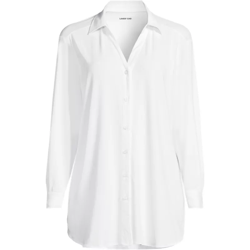 Women's Plus Size SunShade UPF50 Long Sleeve Button Down Swim Cover Up Shirt Dress, Front