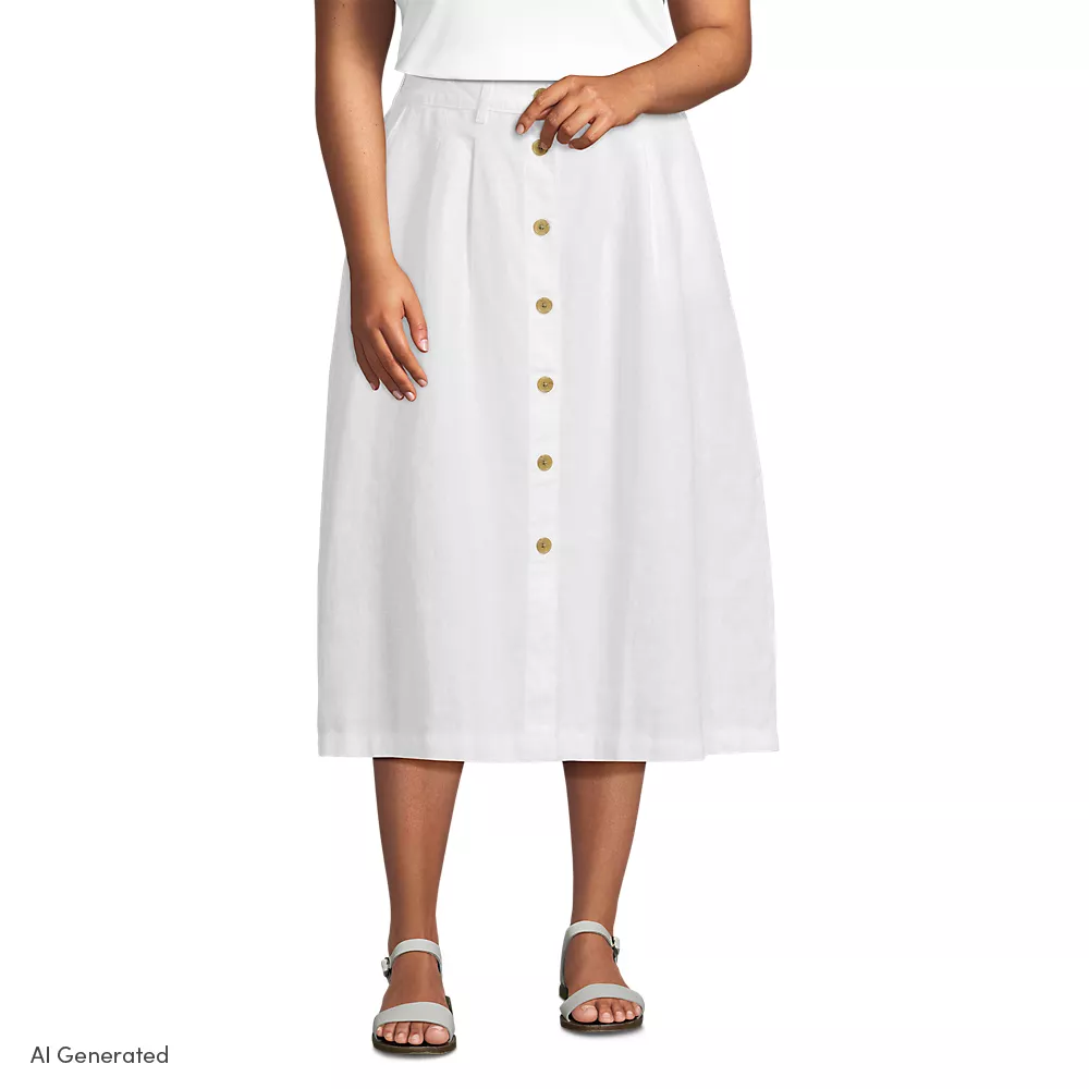 Button-Front Linen Midi Skirt, Women, size: 28, plus, White, Linen, by Lands' End
