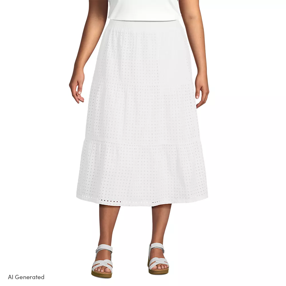Broderie Tiered Midi Skirt, Women, size: 1XL, plus, White, Cotton, by Lands' End