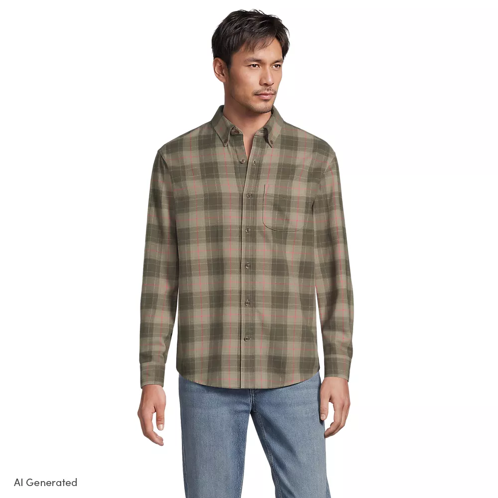 Flagship Flannel Shirt, Classic Fit, Men, size: M, regular, Green, Cotton, by Lands' End